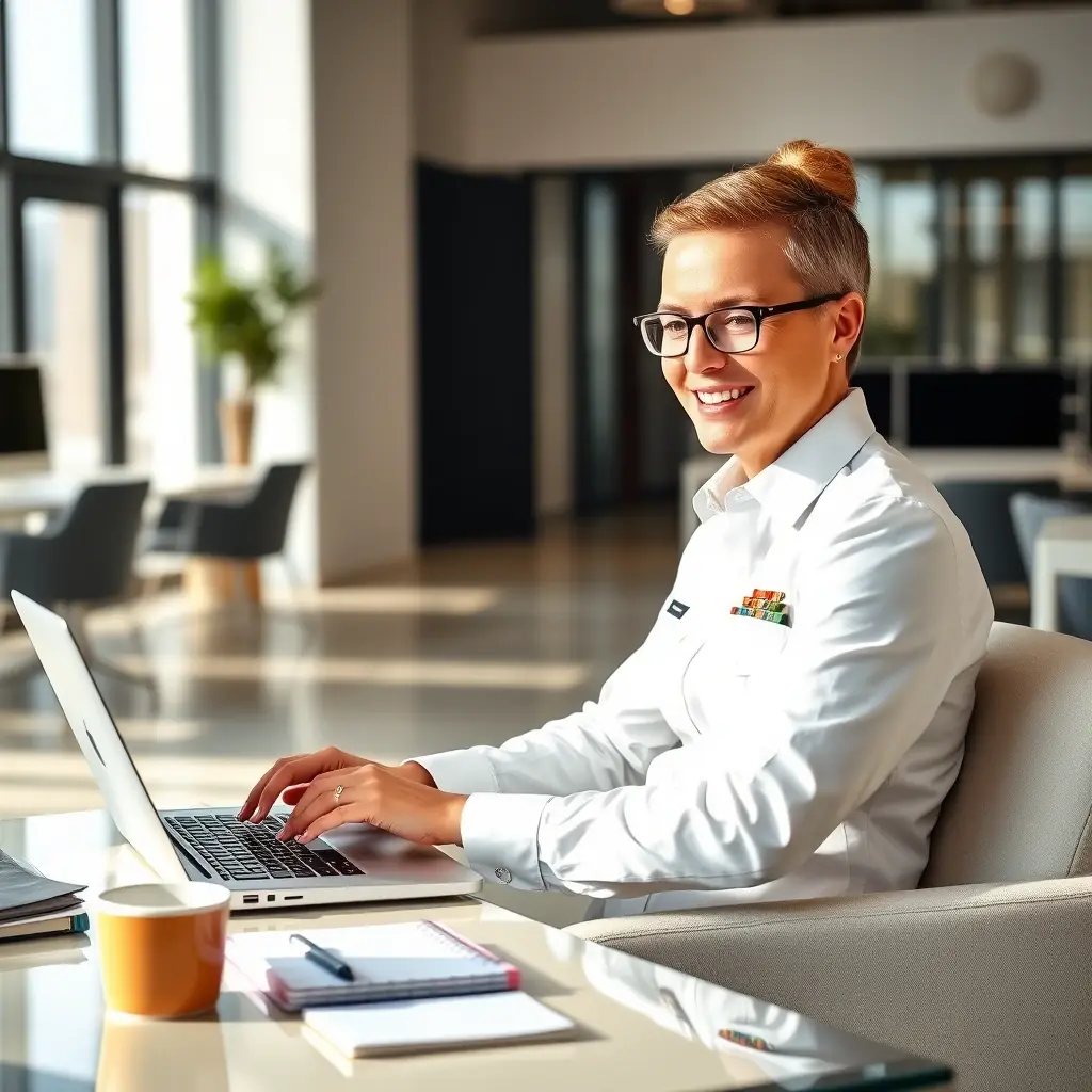 A military spouse confidently working on a laptop in a modern office setting.