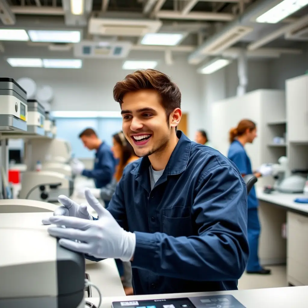 A career changer enthusiastically participating in a hands-on training session in a medical lab.