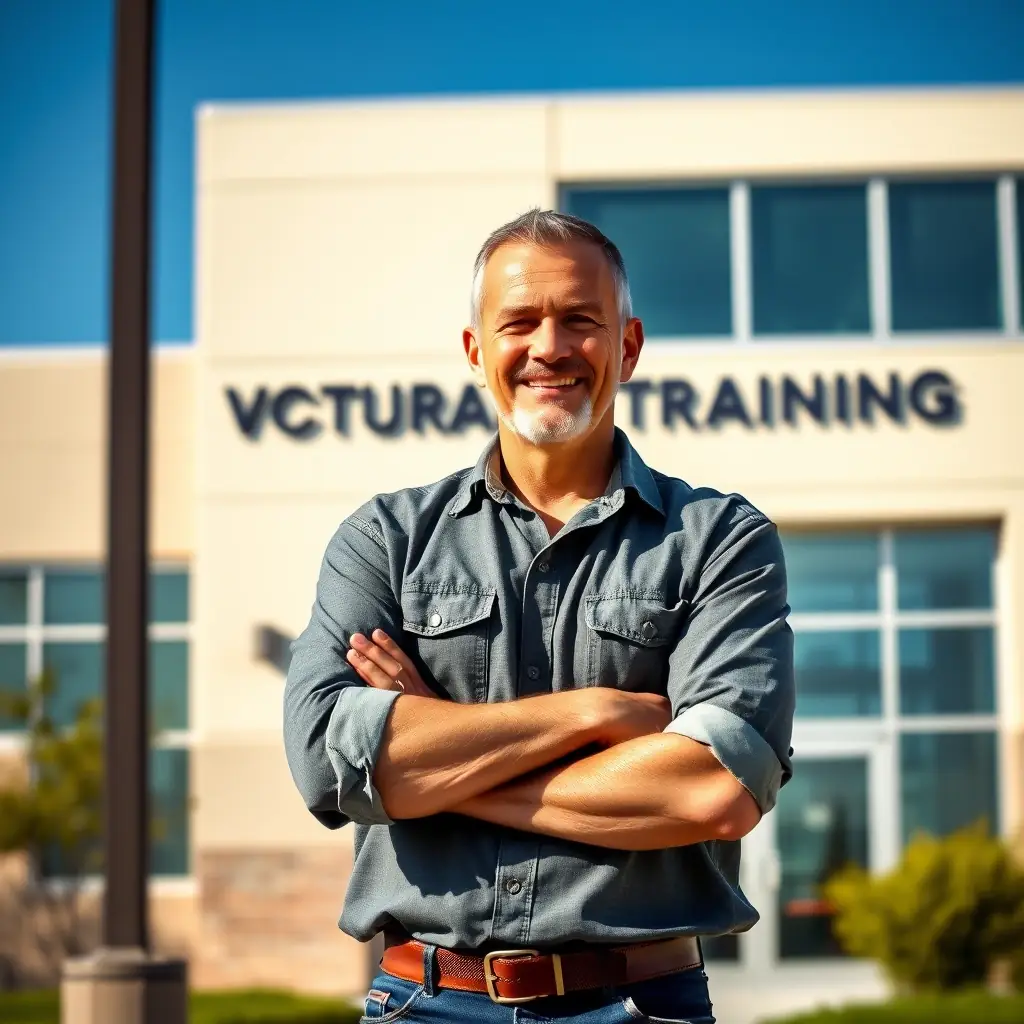 A smiling veteran in casual clothing, standing in front of a solar panel array.