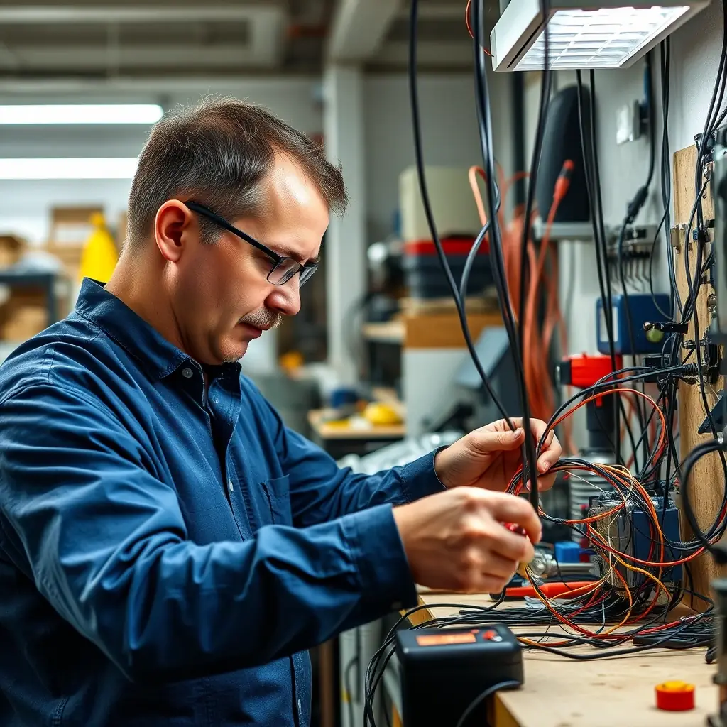 A former military engineer examining a complex electrical panel with a focused expression.