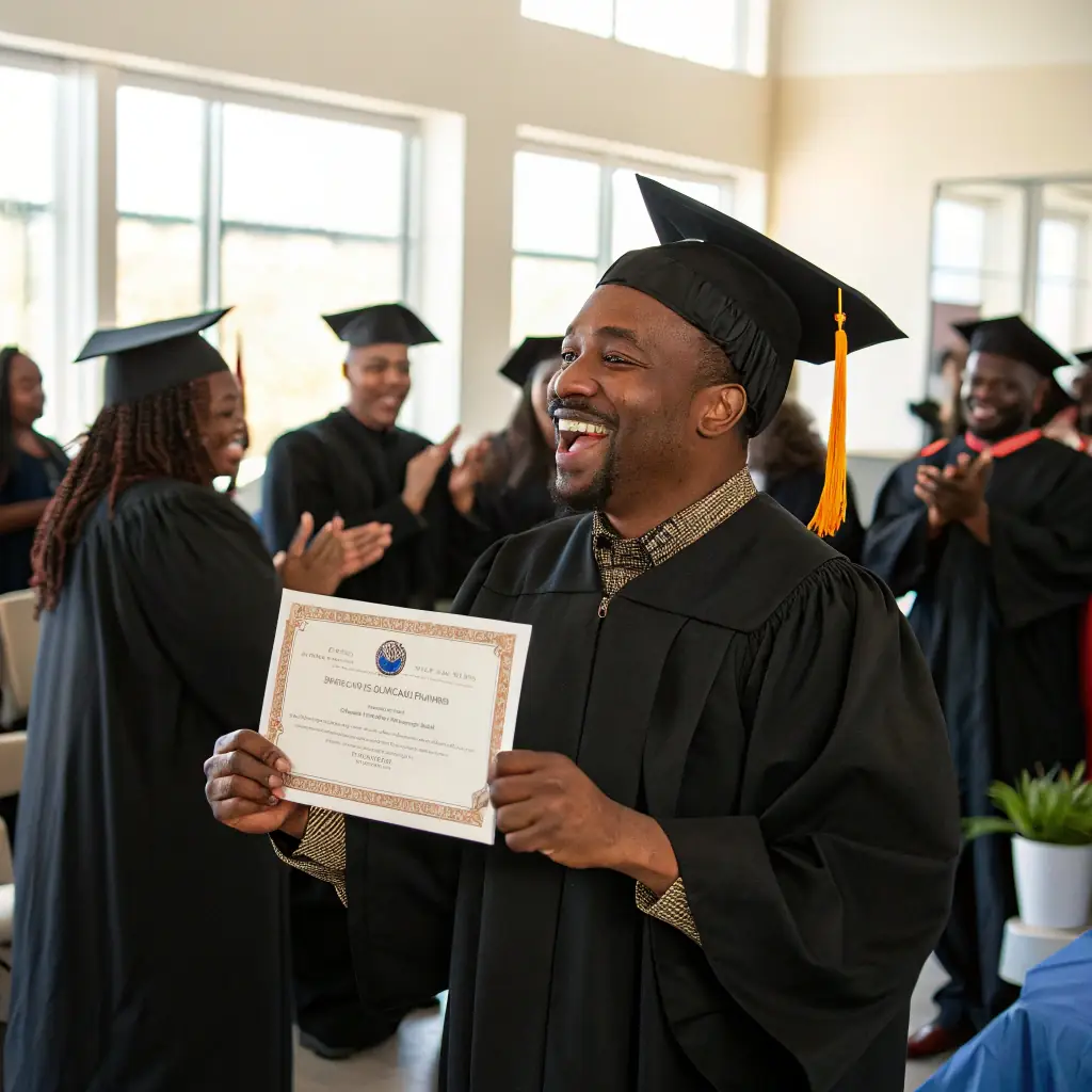 A workforce retraining applicant proudly displaying a certificate of completion after a training program.