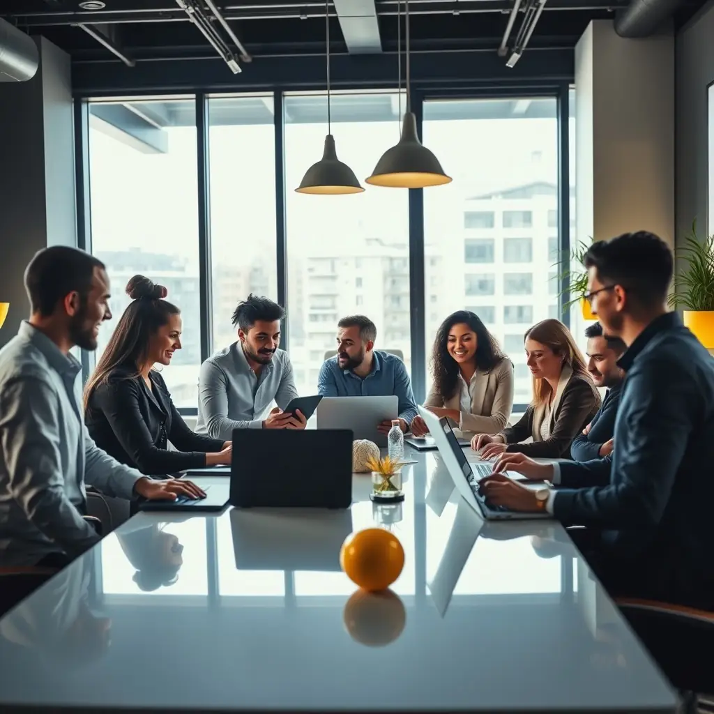A professional team collaborating with clients in a modern office setting, showcasing the consulting process and teamwork at The Value Engine.