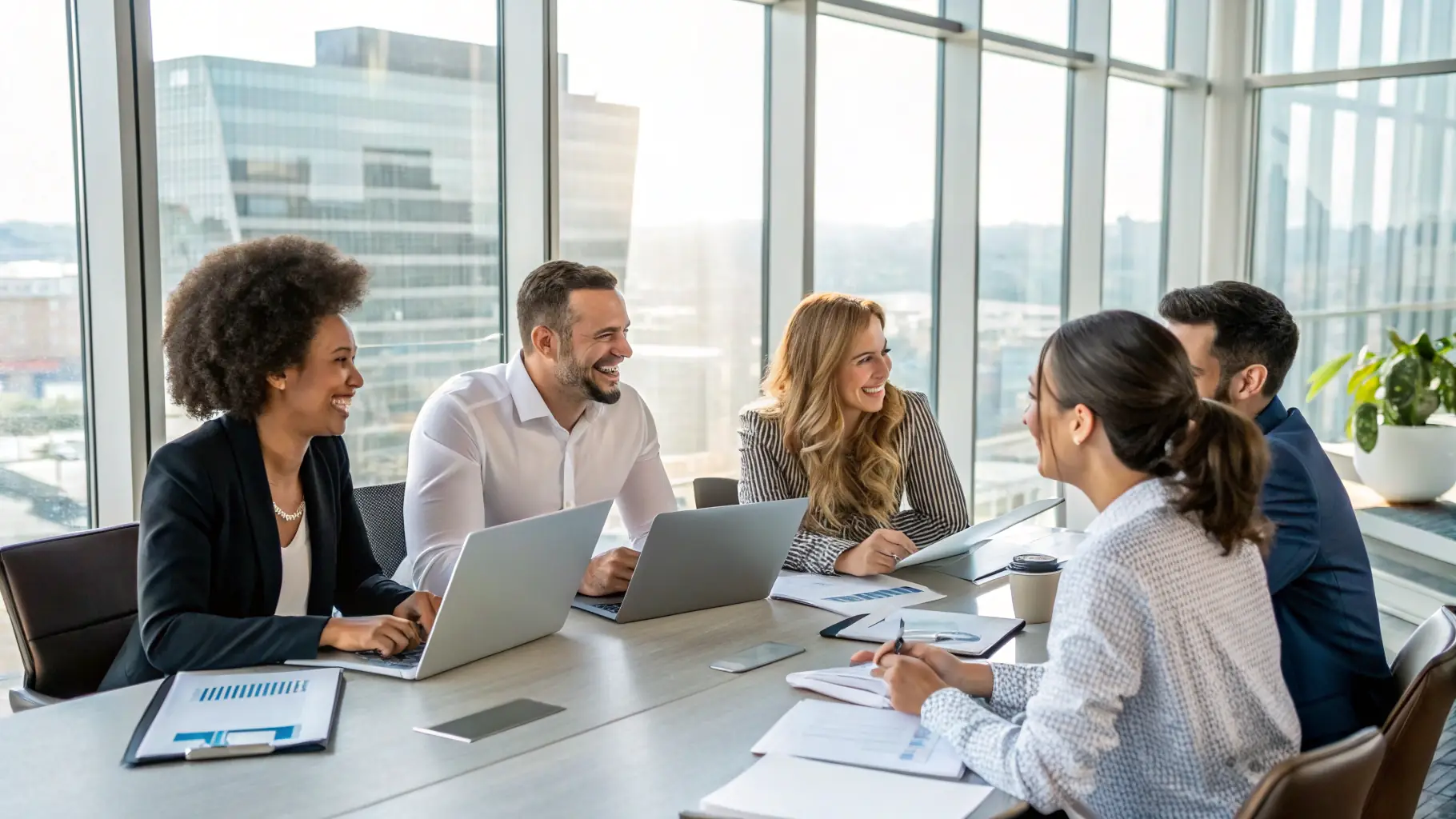 A team of consultants collaborating in a modern office space, brainstorming ideas and analyzing data to improve business performance.