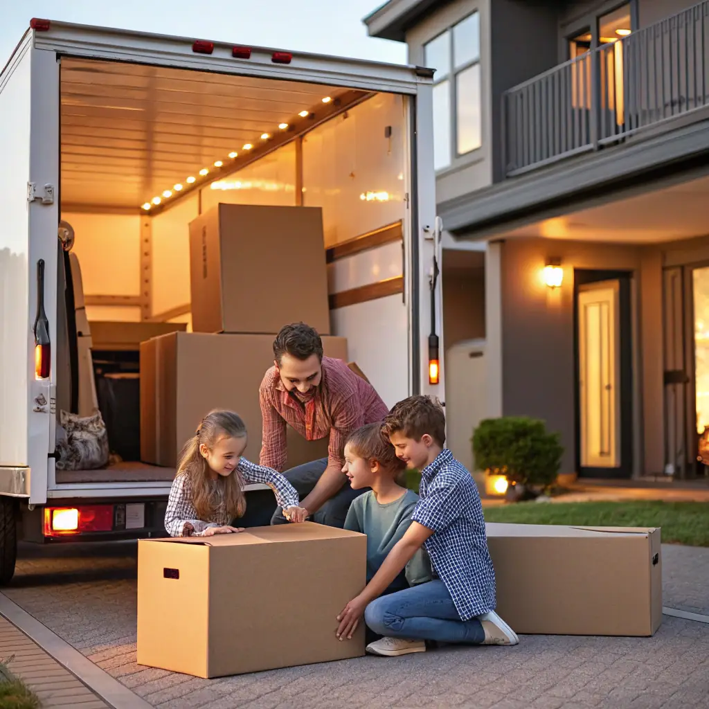 A family happily unpacking boxes in their new home, with Reef Movers truck visible in the background.