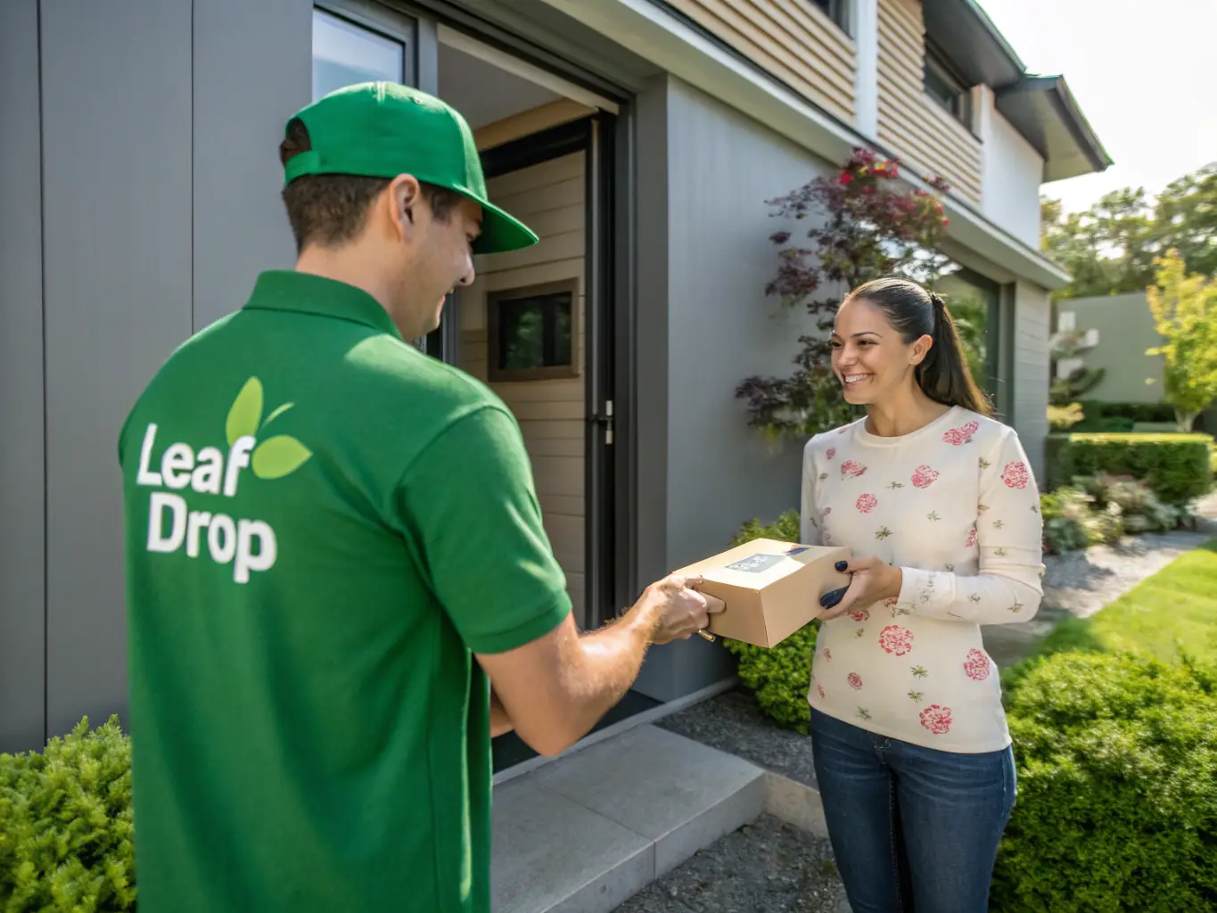 A delivery driver handing a package of cannabis products to a customer in Dupont Circle, Washington, DC.