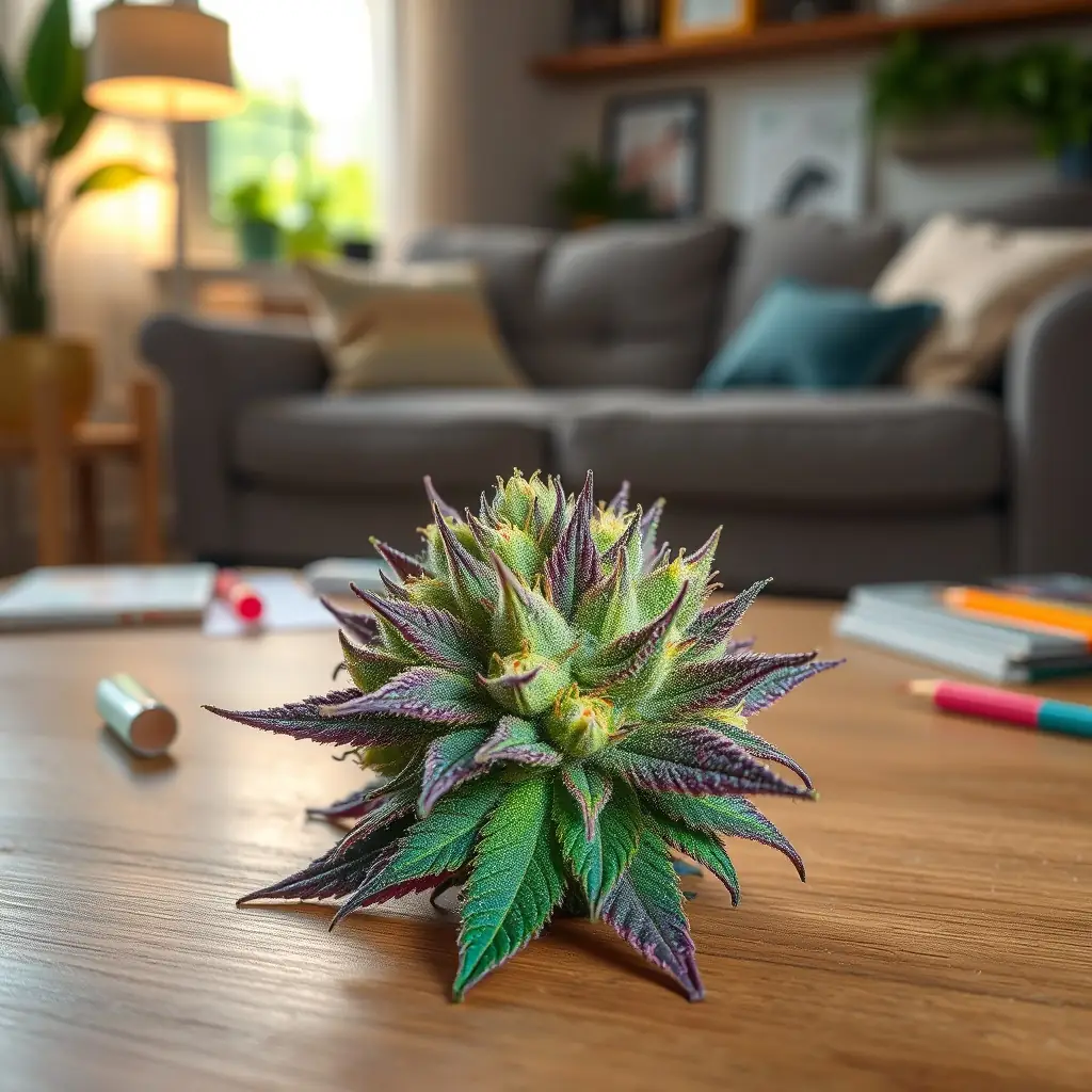 A close-up shot of Grape Gas Gelatti Flower DC, showcasing its vibrant colors and trichome coverage, in a well-lit, professional studio setting. The image should convey the premium quality and visual appeal of the cannabis strain.