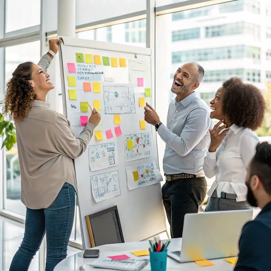 A professional, high-quality image showcasing a team collaborating in a modern office environment, brainstorming and strategizing around a whiteboard filled with brand-related concepts and diagrams. The image should convey a sense of clarity, alignment, and forward momentum.