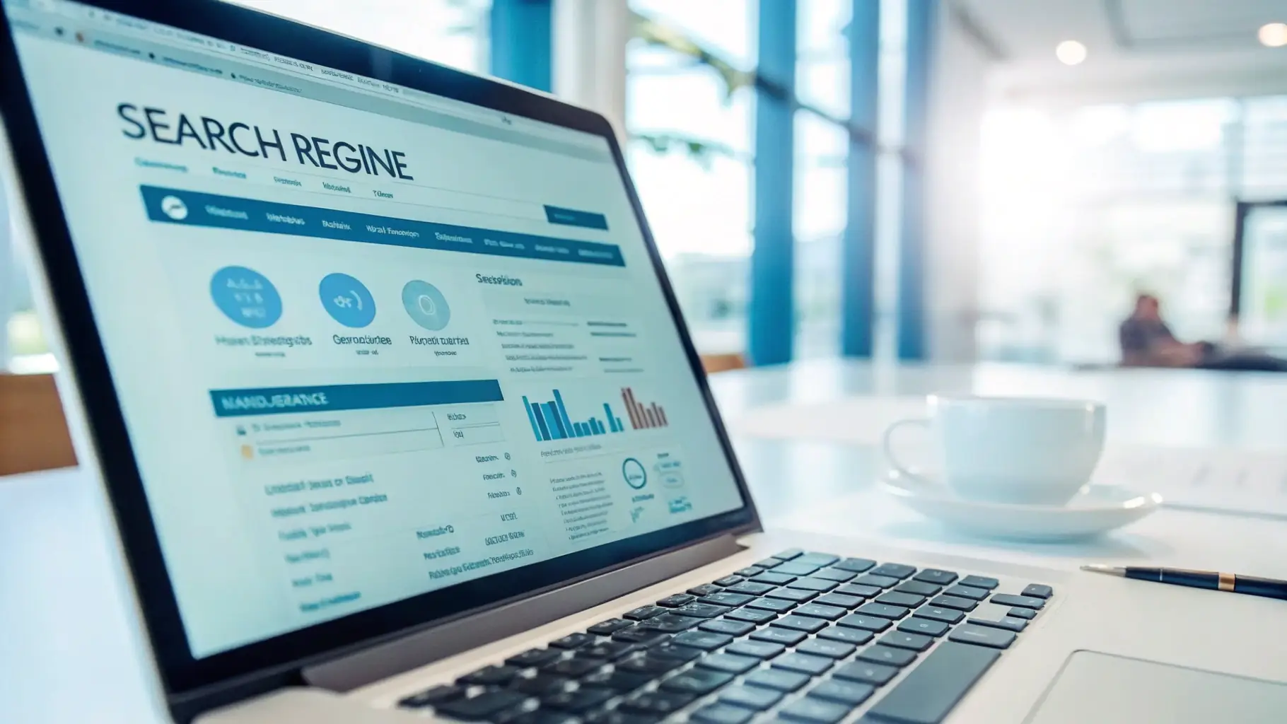 A computer screen displaying search engine results with a magnifying glass hovering over the results, symbolizing SEO.