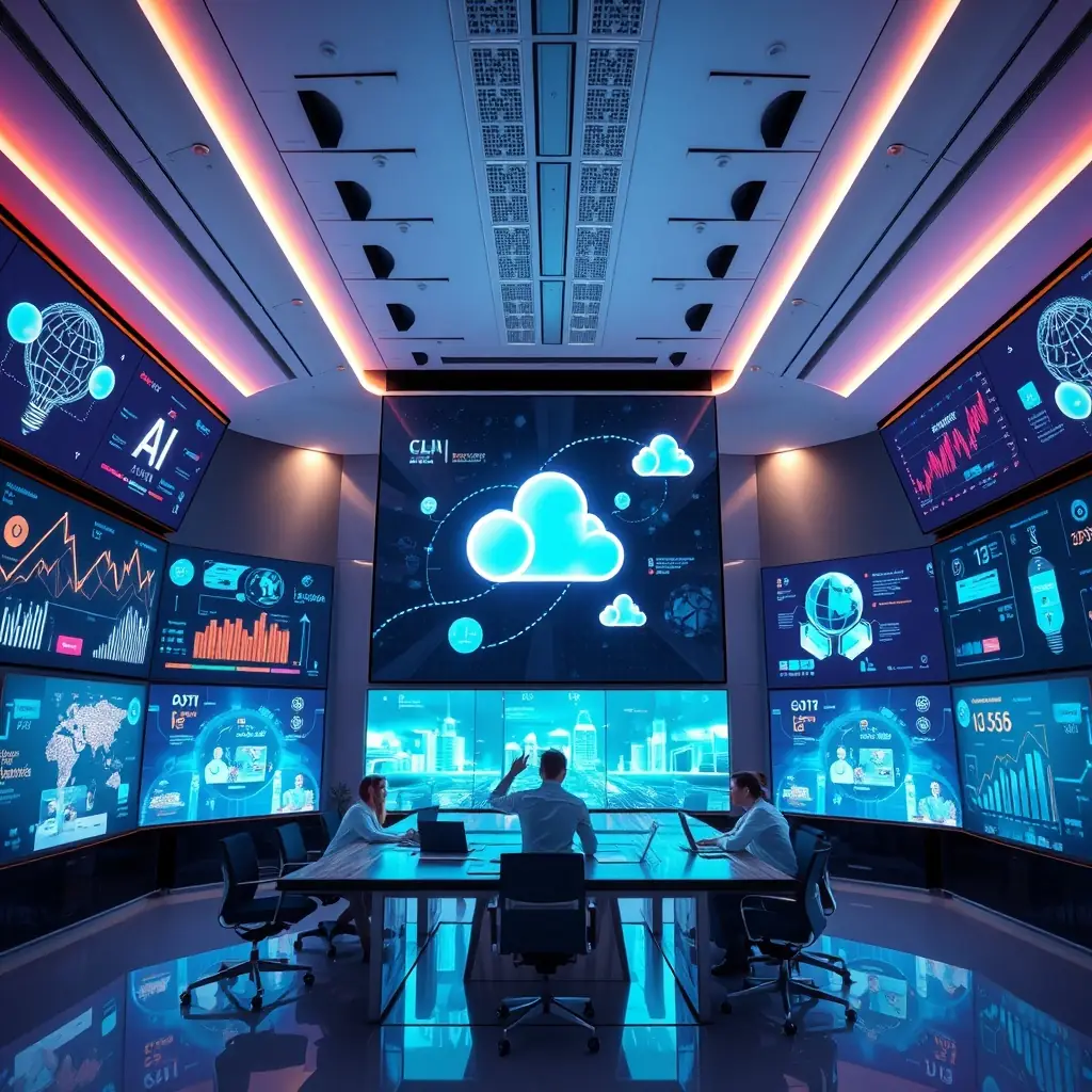 A futuristic meeting room inside a Texas-themed bunker, with digital displays showing positive customer reviews and brand sentiment analysis. R2-D2 is present, assisting the ORM gurus and AI robot team in analyzing data. Texas flags are visible outside on a dock overlooking a serene lake, symbolizing the blend of tradition and cutting-edge technology.