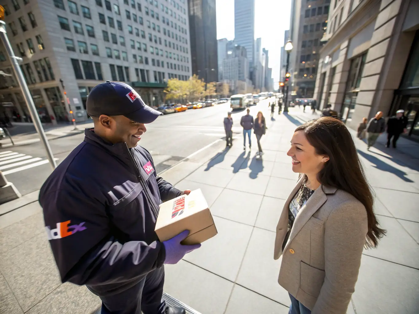 A delivery driver handing a package to a customer in Washington DC, with the US Capitol building in the background.