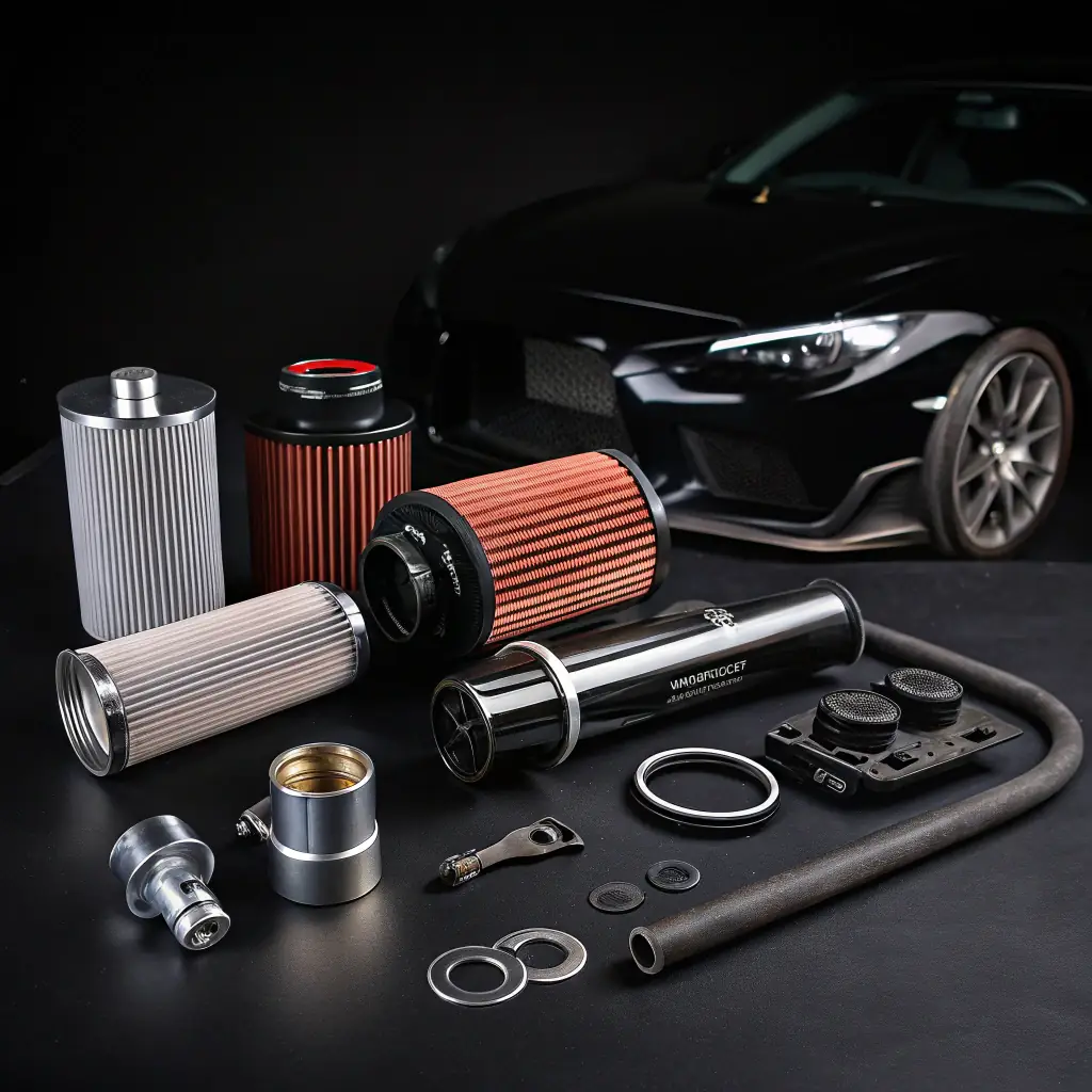 A high-quality image showcasing a selection of performance auto parts, such as a downpipe, air intake, and tuning module, arranged neatly on a clean surface. The background should be a blurred image of a high-performance European car, such as a BMW or Porsche, to emphasize the target market.