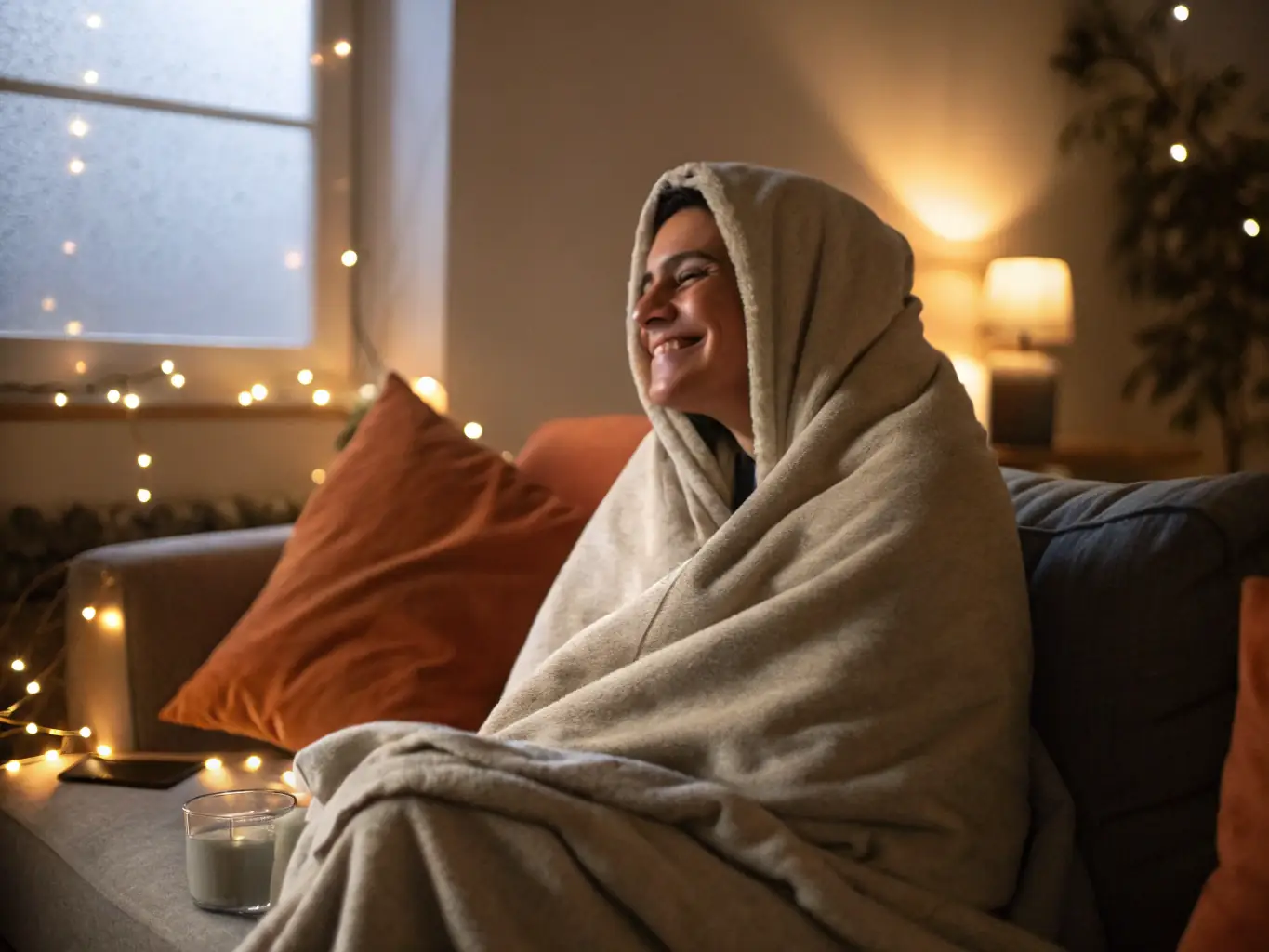 A person in a state of relaxation and bliss, surrounded by a calming blue aura, representing the soothing effects of the Blue Dream strain on the body and mind.