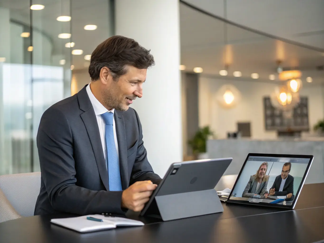 A sleek, modern website design showcasing a consultant interacting with a client via video call, emphasizing the ease of communication and professional image.