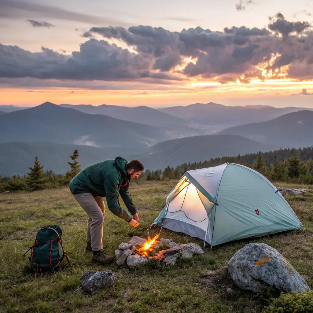 A person happily unpacking new camping gear in a sunny forest clearing, surrounded by trees and nature.