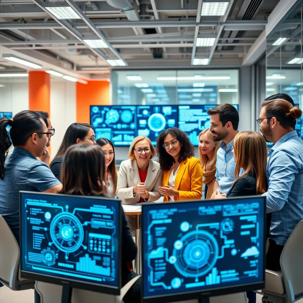 A professional team of technology consultants providing automation, AI, and system integration services, depicted in a modern office environment with digital interfaces
