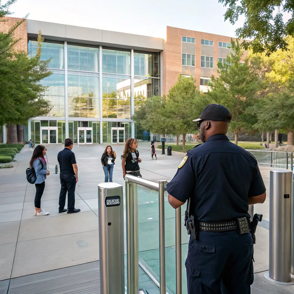 A diverse group of students walking across a sunny campus, with a focus on a security officer interacting positively with them in the background. The image should convey a sense of safety, community, and proactive security measures.