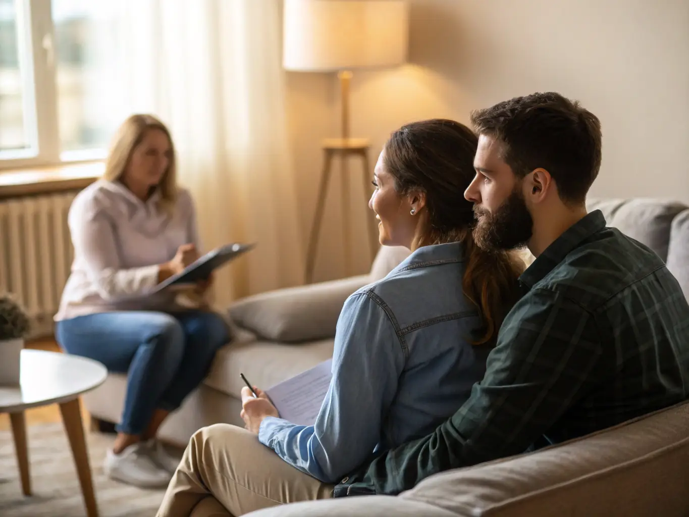 Image of a supportive couple during a therapy session.