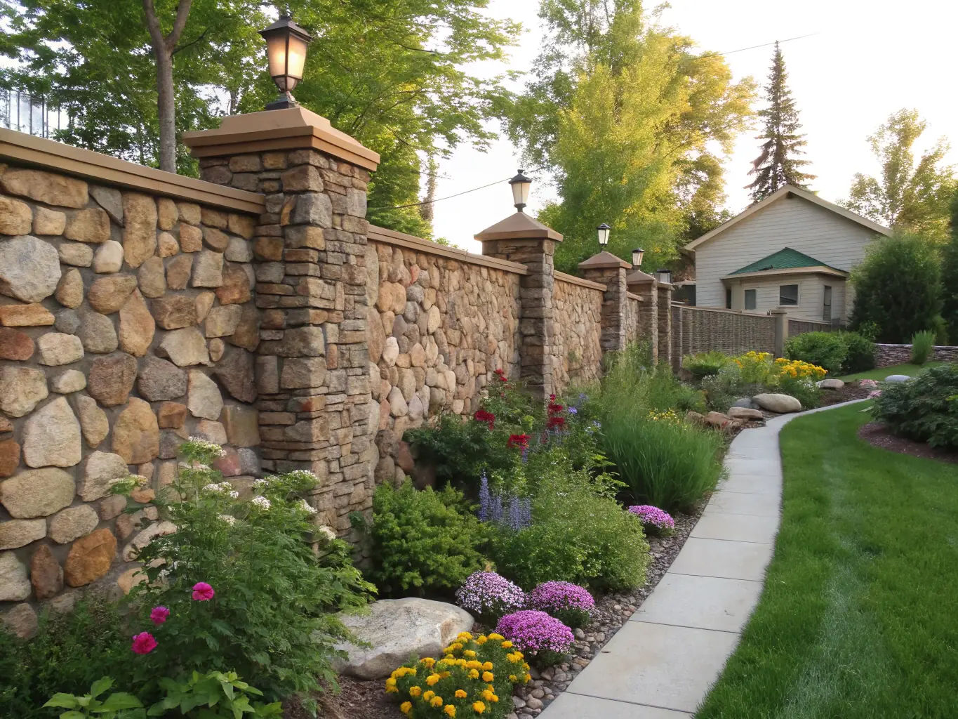 A sturdy dry stone wall constructed with irregularly shaped stones, creating a textured and natural appearance.