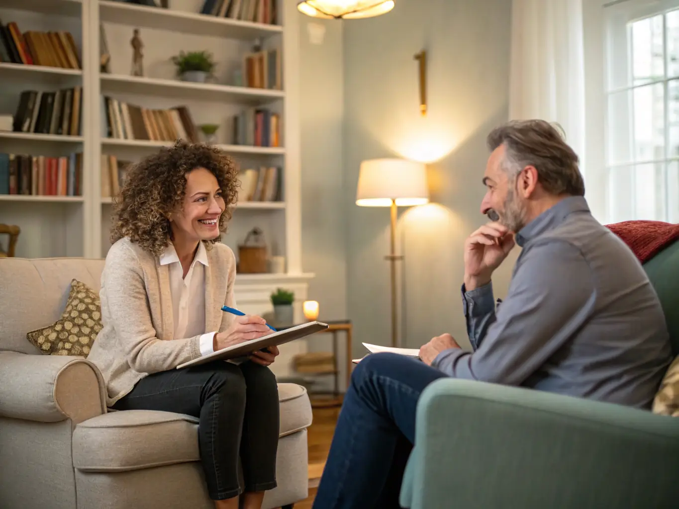 A welcoming image of a psychiatrist consulting with a patient in a comfortable office setting, emphasizing trust and care