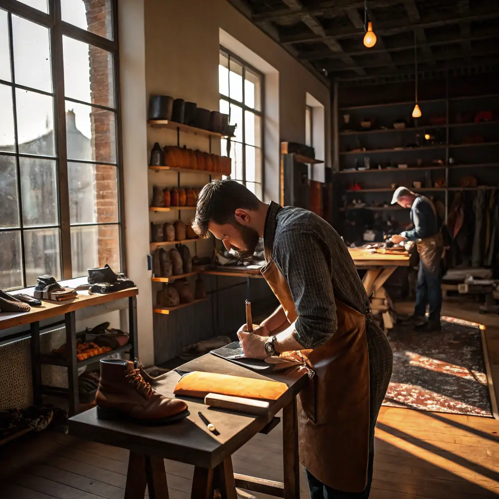 a high-quality leather product manufacturing facility with skilled artisans producing luxury leather bags, wallets, and custom-designed accessories