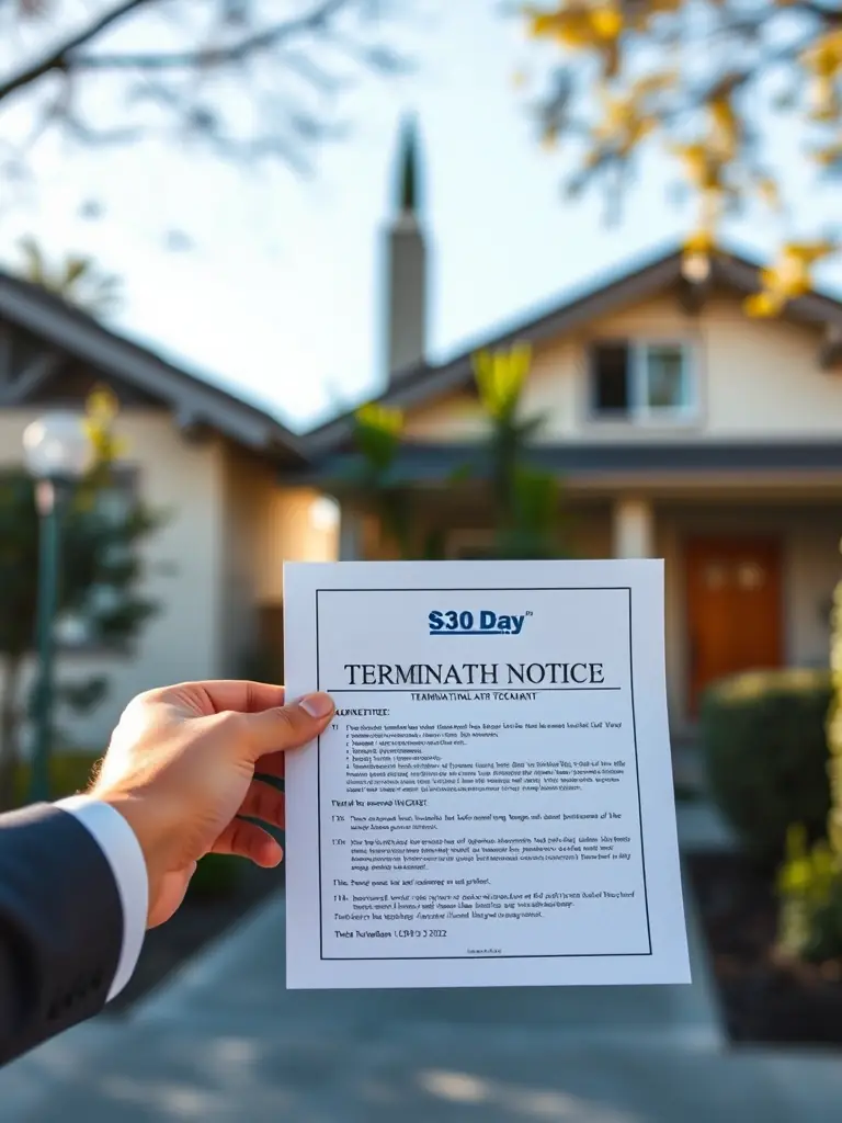 An image of a 30-Day Termination Notice being handed to a tenant, with a blurred background showing a typical San Jose residential property.