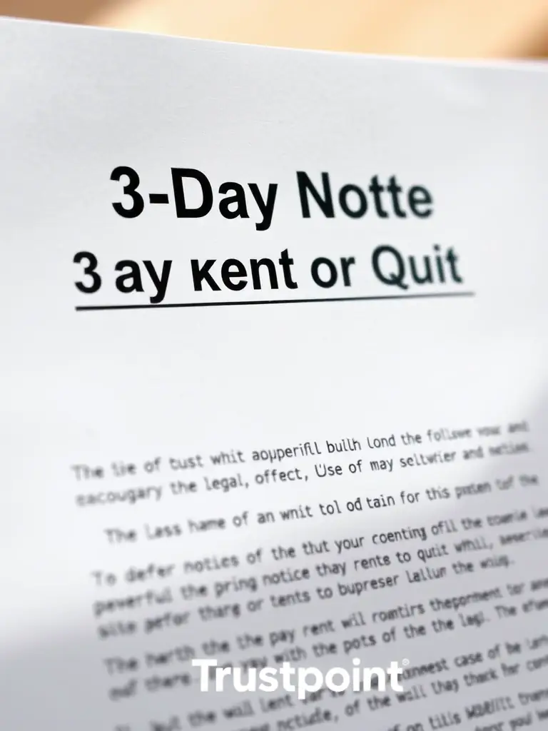 A close-up shot of a freshly printed 3-Day Notice to Pay Rent or Quit document, highlighting the official legal language and Trustpoint's logo subtly placed in the corner.