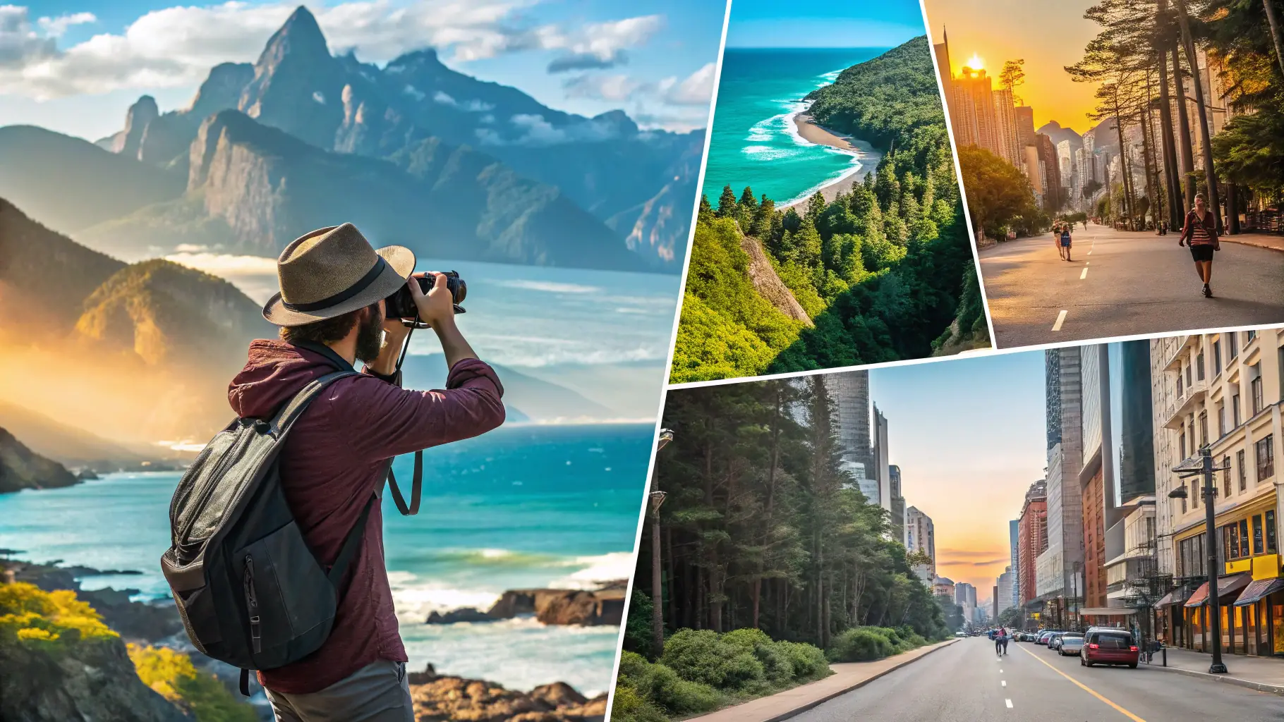 A vibrant collage of travelers enjoying various destinations worldwide, including beaches, cityscapes, and scenic landscapes, representing the diverse travel experiences offered by ExpediaWorld.