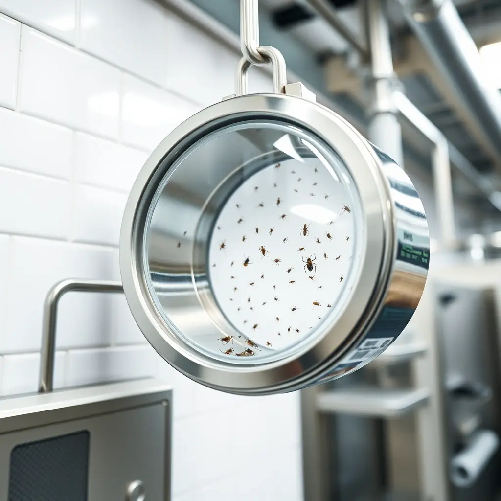 A close-up shot of an insect trap installed in a food processing facility, showcasing its effectiveness in capturing insects. The image should convey cleanliness and precision.