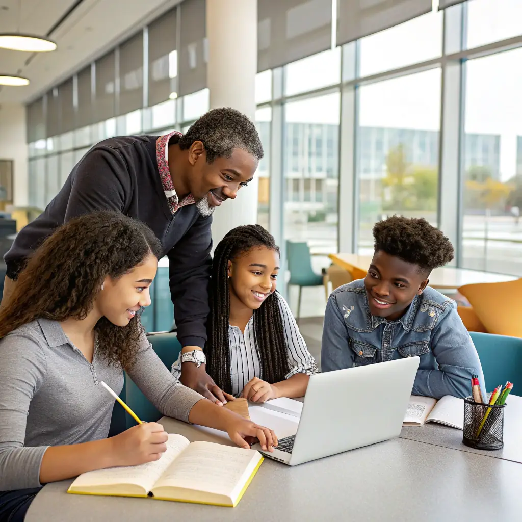 A diverse group of young people participating in a mentorship session, with a mentor guiding them through a project. The setting is a modern, collaborative workspace, symbolizing innovation and teamwork. The image should convey a sense of empowerment and positive change.