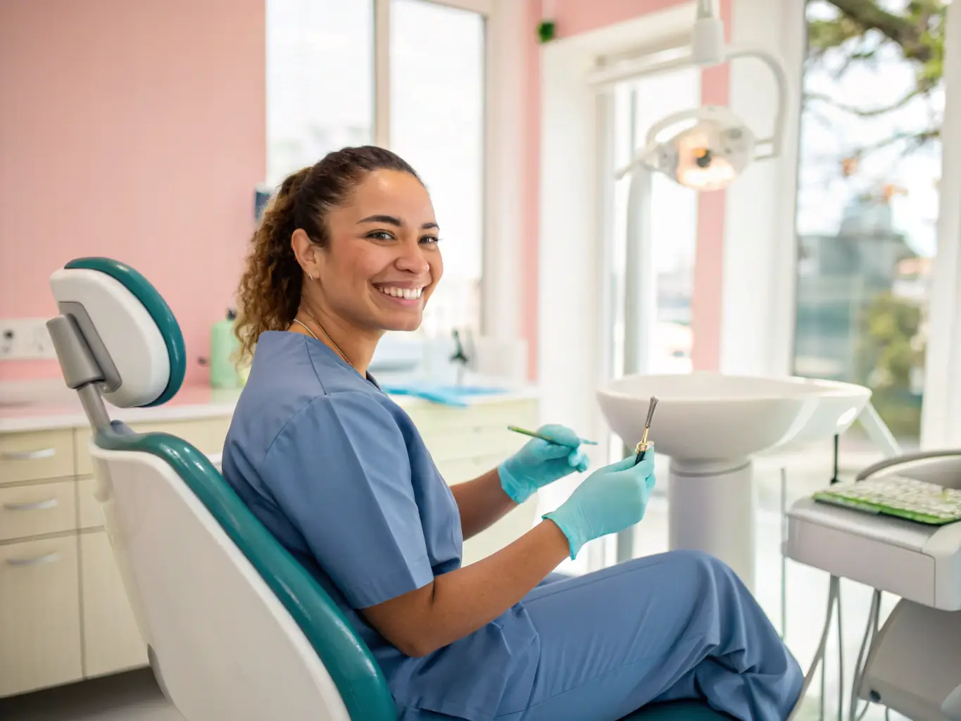 A relaxed patient smiling comfortably in a dental chair during a procedure, with a dentist gently working on their teeth. The atmosphere is calm and reassuring.