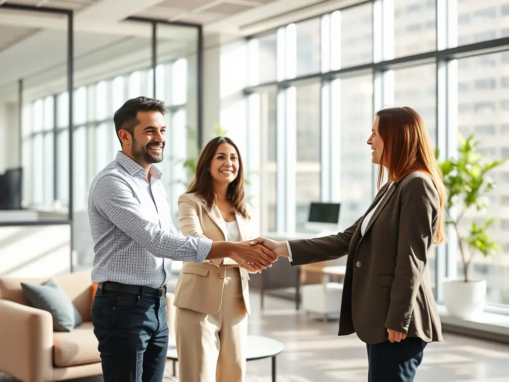 A small business owner shaking hands with a Monumental Funding Solutions financial advisor, representing trust and personalized service.