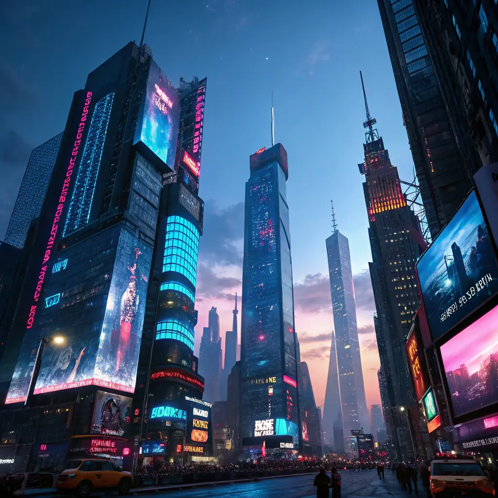 A futuristic cityscape featuring the Omegacube High Rise next to the Google High Rise in Austin, TX, with sun rays beaming down. The image includes subtle depictions of R2-D2 and C-3PO, and lighted Omegacubes, symbolizing the blend of technology and innovation in digital marketing.
