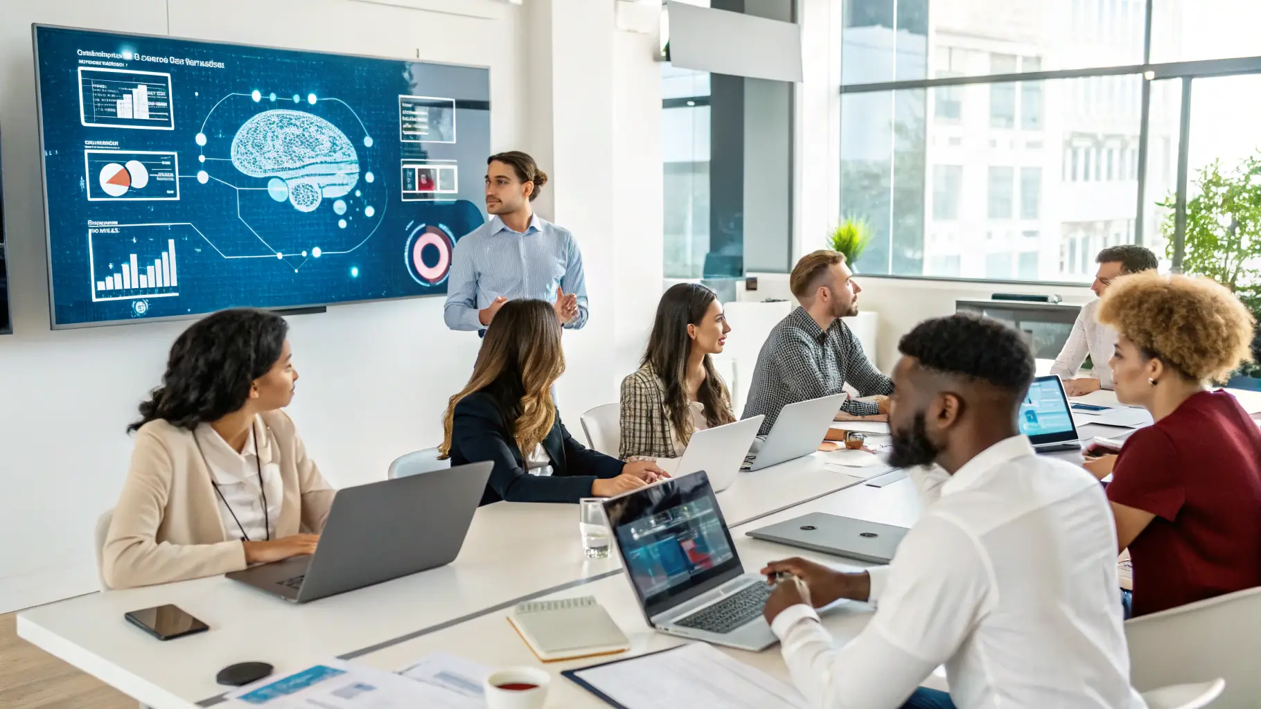 A diverse team of professionals collaborating around a table, participating in an AI training session. The atmosphere is engaging and interactive, with participants actively discussing and applying AI concepts to real-world business scenarios. The setting is a modern, well-equipped training room in Johannesburg.