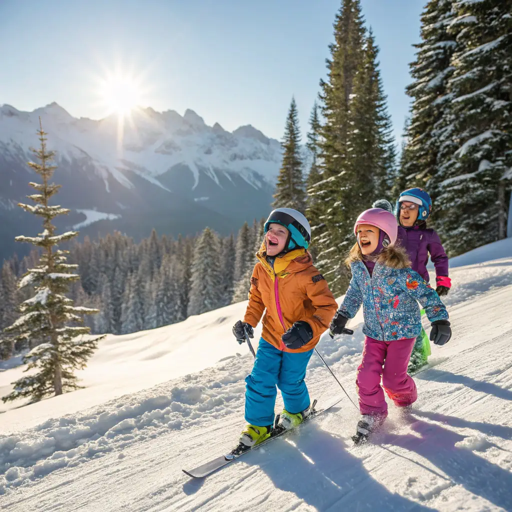 A smiling family happily checking into a modern hotel lobby, with ski equipment visible in the background, suggesting a winter vacation.