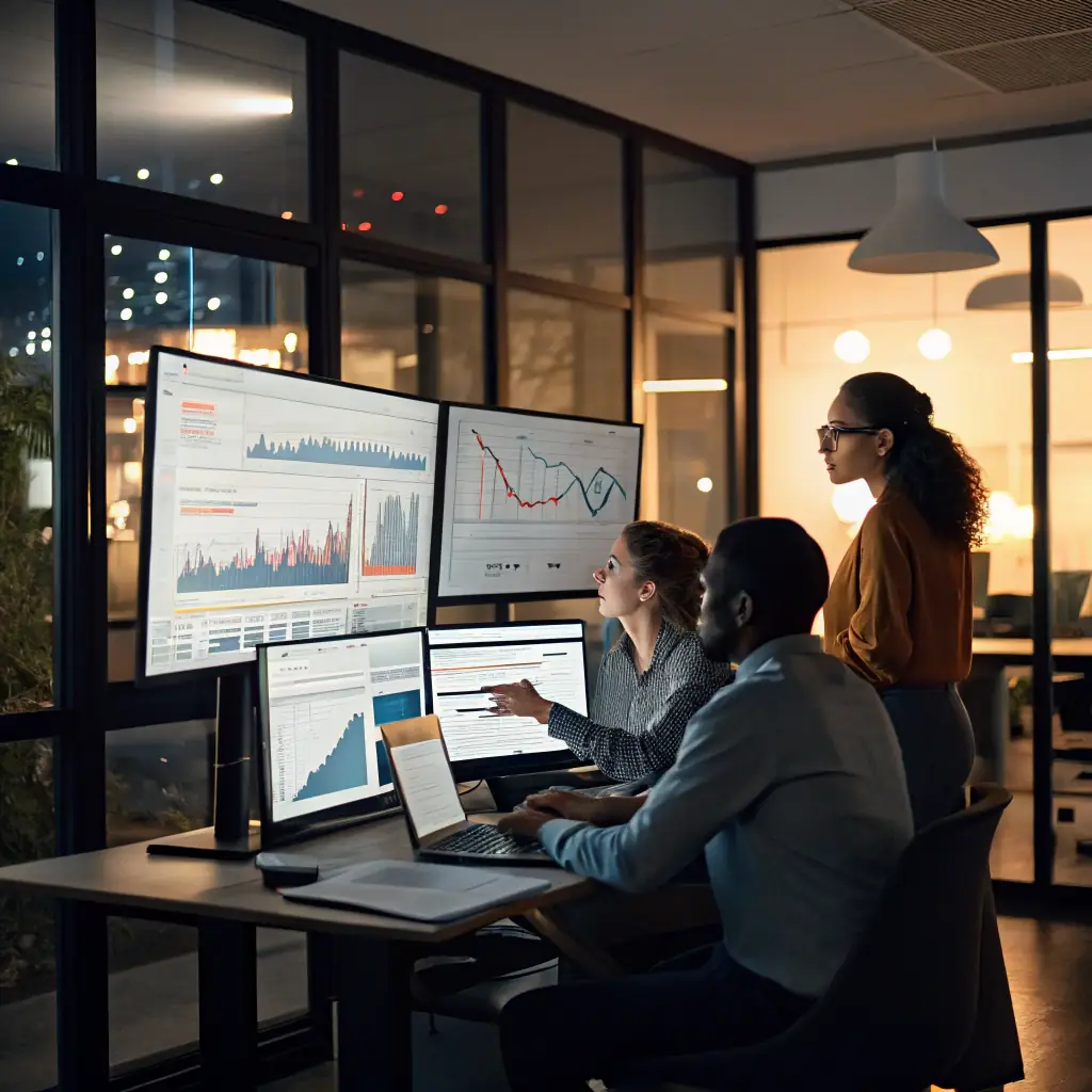 A team of digital marketing experts analyzing data on large monitors in a modern office setting, emphasizing data-driven decision-making and strategic planning for enterprise clients.