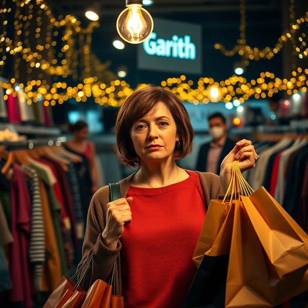 An exhausted woman in her mid-thirties stands in front of an overflowing clothes store, Christmas lights twinkling in the background. Her right hand is weighed down by shopping bags, while her left hand is free, with a lightbulb above it displaying the Garith brand.
