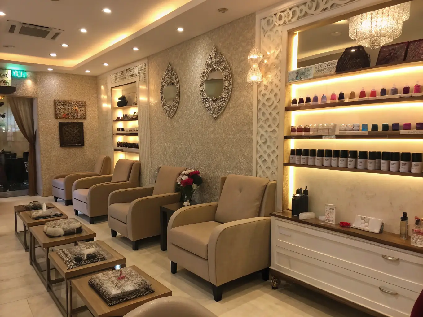 A serene image of a beautifully arranged nail salon with elegant decor, showcasing nail polish colors and a relaxing atmosphere.
