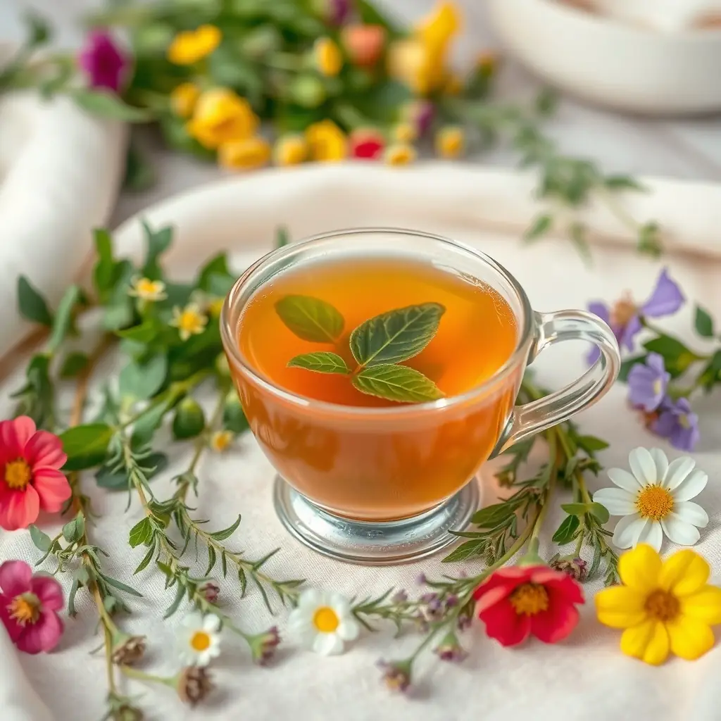 A close-up shot of a steaming cup of VitalBrew tea, with visible herbs and natural ingredients floating within. The background features a blurred image of a lush, sustainable farm, emphasizing the organic sourcing and natural purity of VitalBrew's tea blends. The image should convey warmth, health, and vitality.