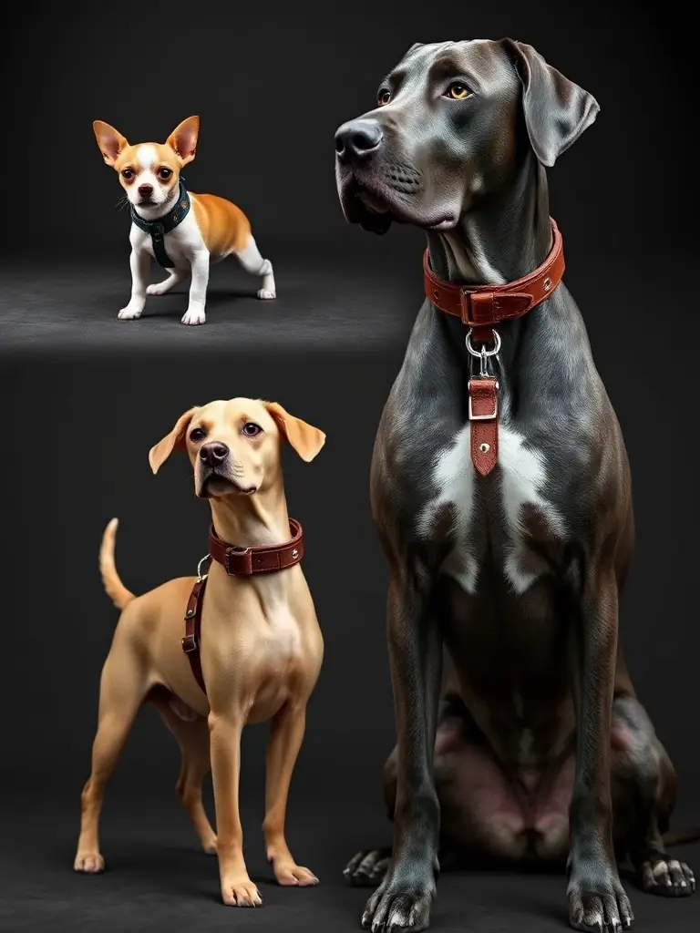 A collage showcasing SARAMEYA collars and harnesses on various dog breeds, highlighting the availability of sizes for all breeds. The dogs range from small Chihuahuas to large Great Danes.