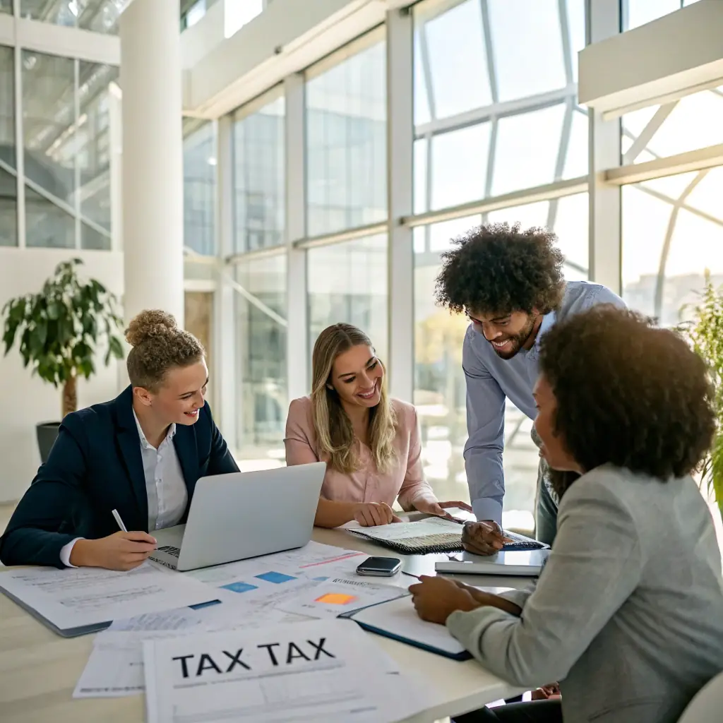A professional team of accountants and tax experts working together in a modern Dubai office, providing personalized consulting and strategic business setup services.