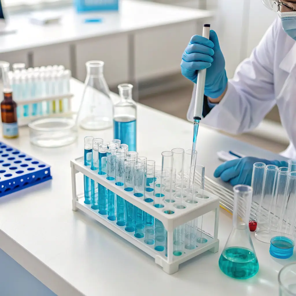 A close-up, well-lit image of a laboratory technician in protective gear inspecting a clear glass vial of chemical solution, with modern lab equipment and safety signage visible in the background, representing quality control in a chemical manufacturing environment.