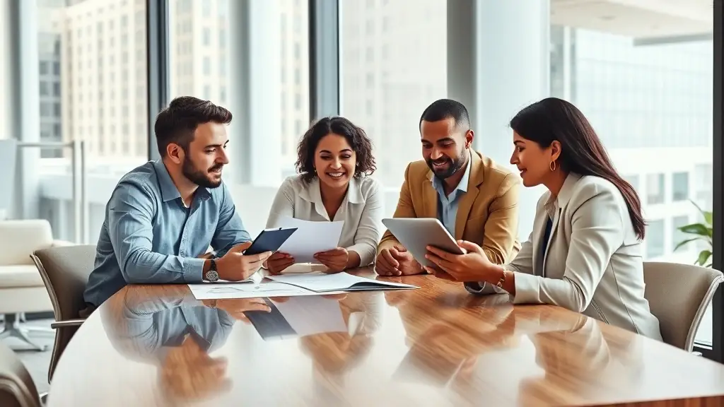 A professional team of mortgage lending experts discussing innovative real estate financing solutions