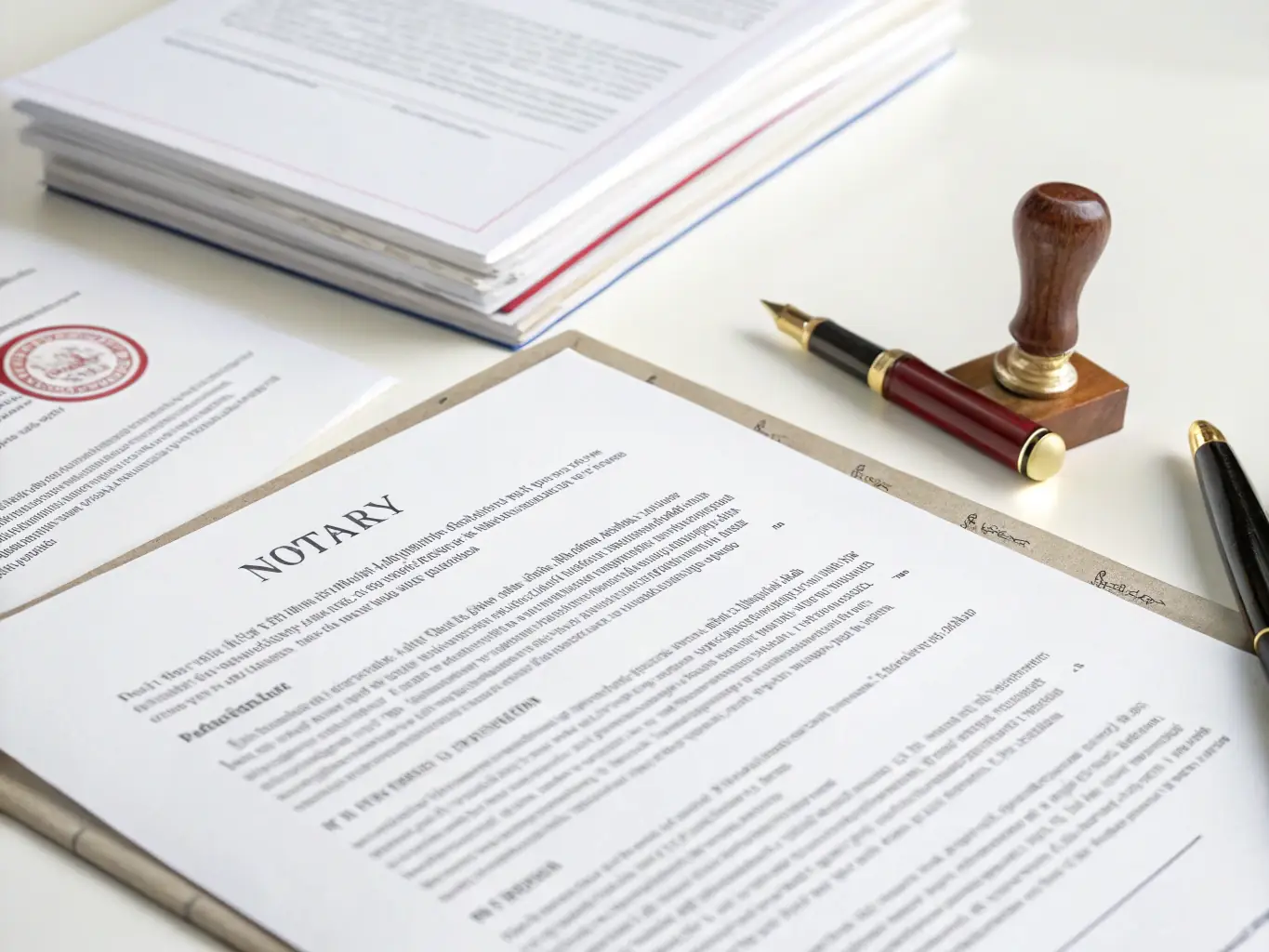 A close-up shot of a neatly arranged stack of legal documents, each labeled with terms like 'Deed of Trust, ' 'Promissory Note, ' and 'Notary Services, ' symbolizing the comprehensive nature of Trustpoint's bundle services.