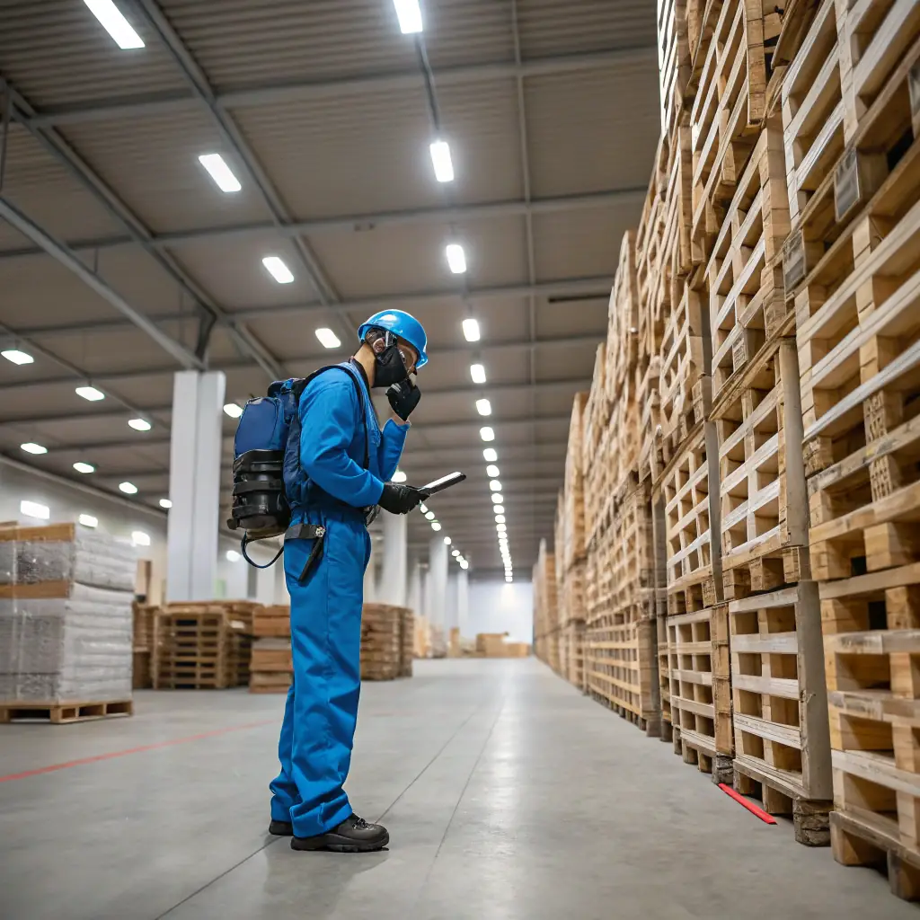 A professional pest control technician inspecting a commercial kitchen for signs of rodent infestation. The setting is clean and well-maintained, emphasizing the importance of hygiene in food-related businesses.