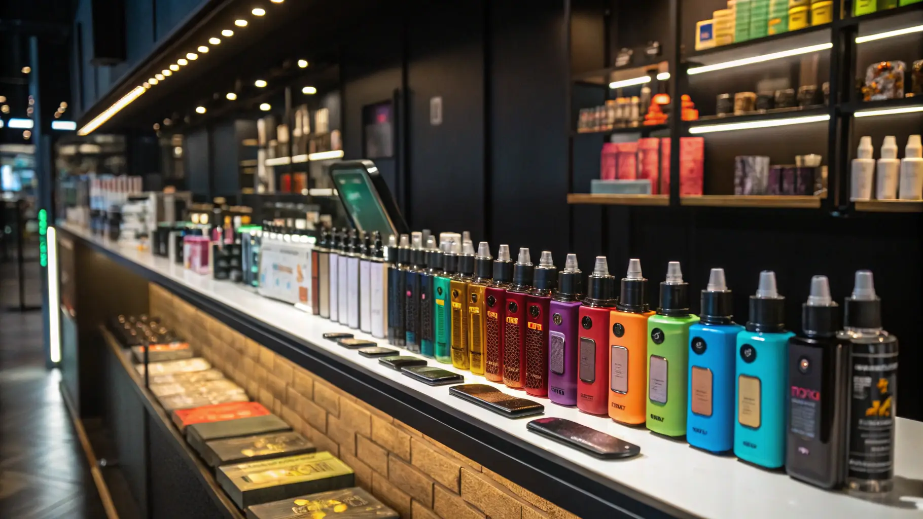A vibrant interior shot of ThickerCloudz vape shop showcasing a wide variety of products and a friendly staff assisting a customer