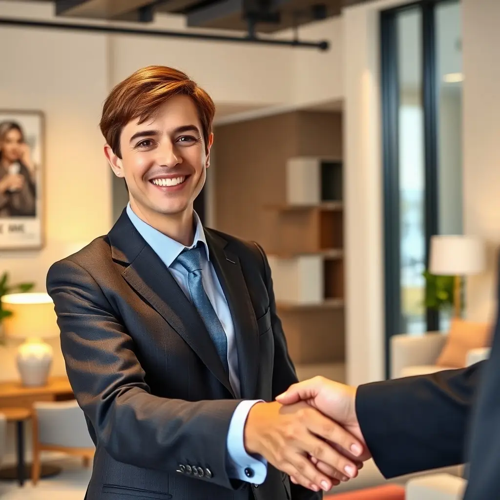A friendly real estate consultant having a conversation with a potential client in a modern office setting, emphasizing trust and personalized service.