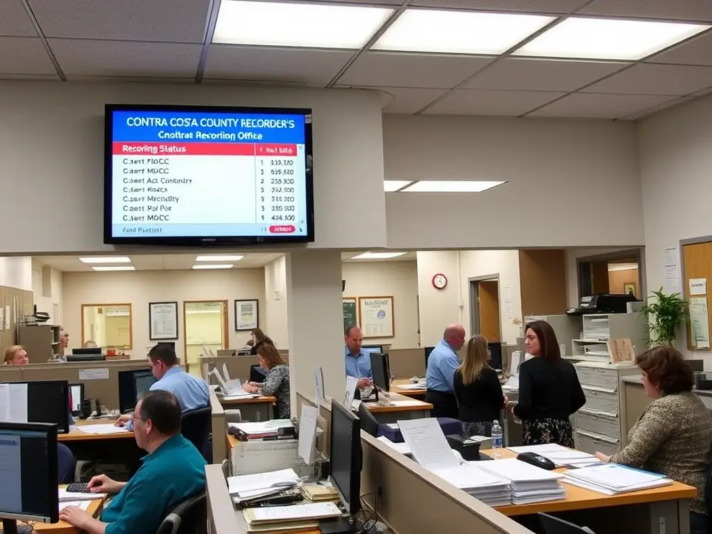 A busy Contra Costa County Recorder's office, emphasizing the speed and convenience of electronic recording with a digital display.