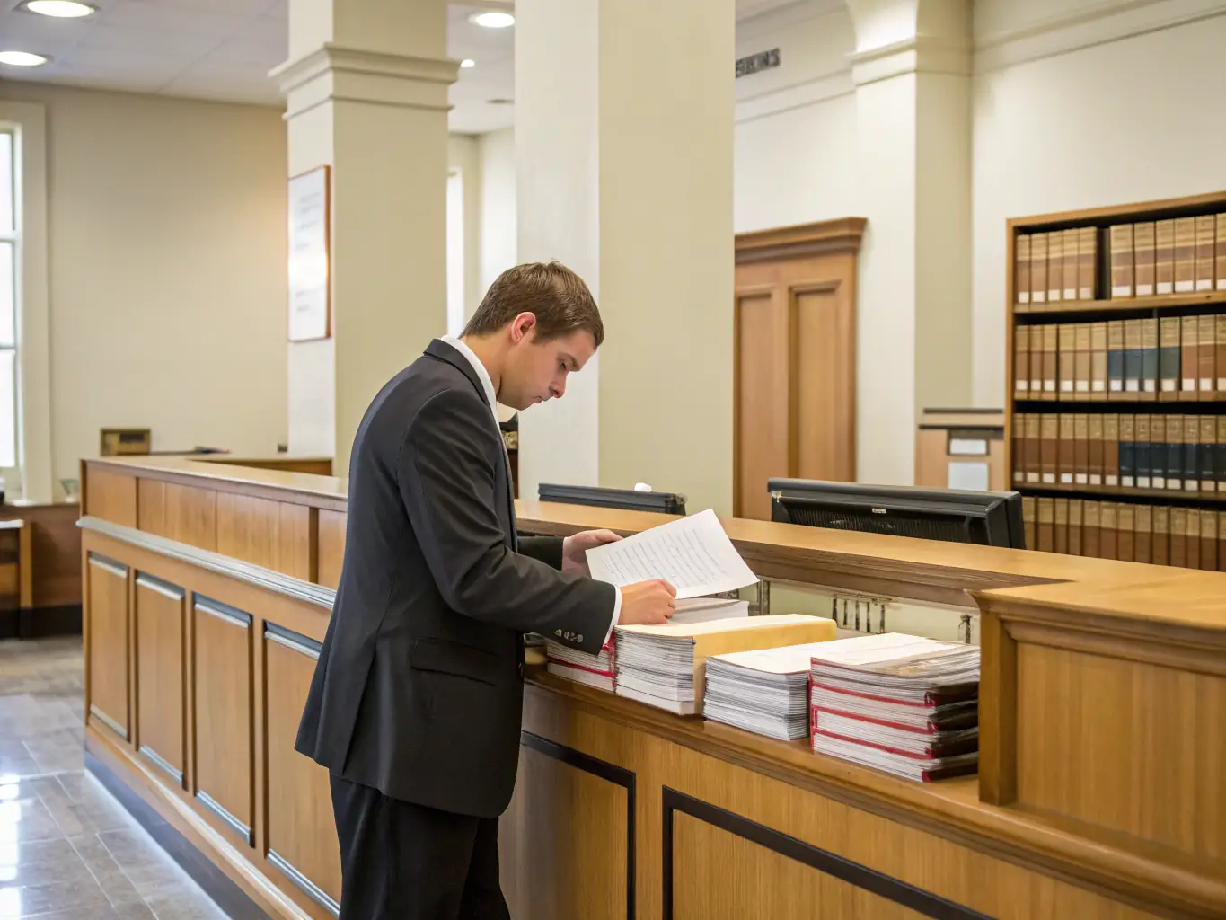 A professional setting in a Santa Clara County Recorder's office, focusing on the electronic filing system with a person submitting documents.