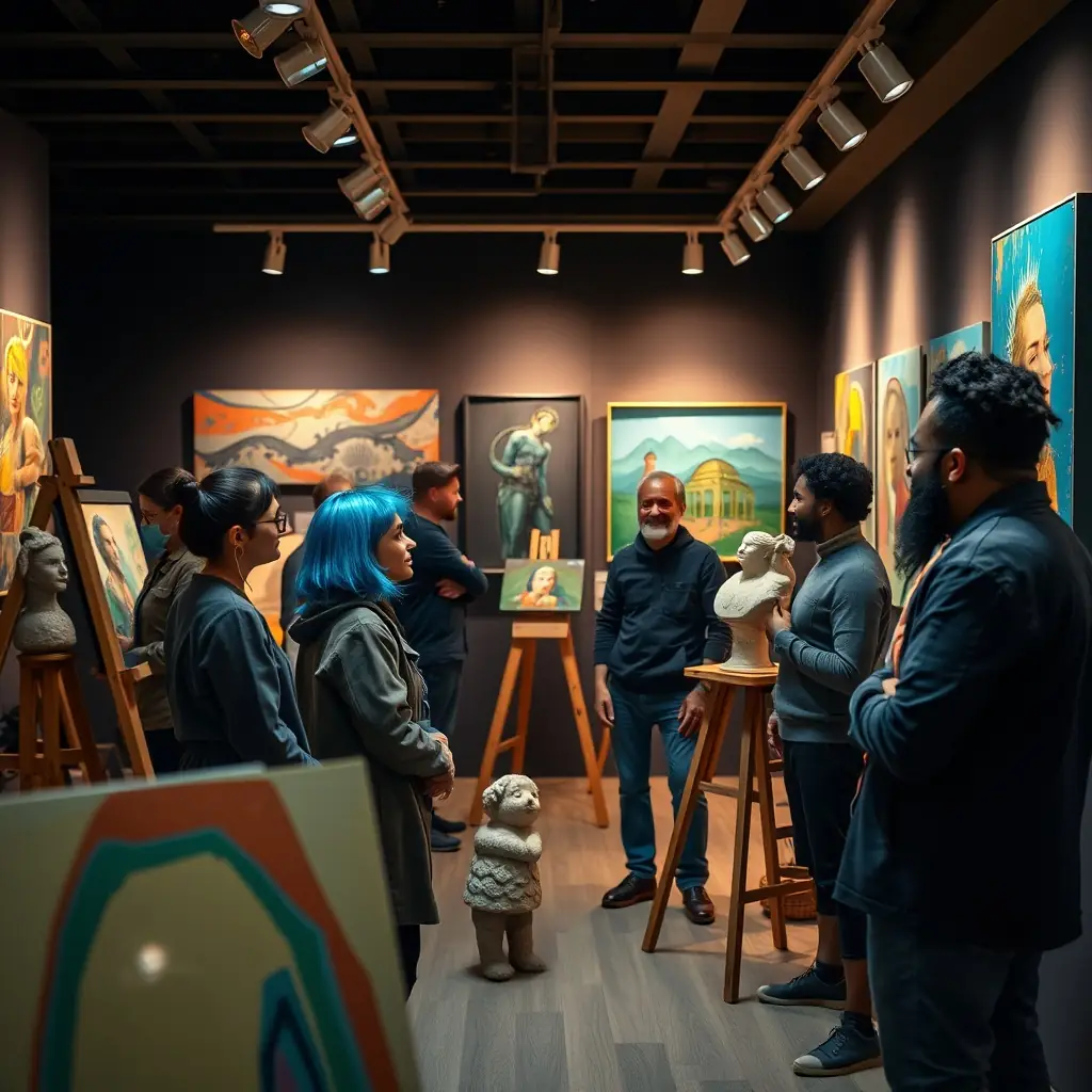A diverse group of artists collaborating in a modern online gallery filled with colorful artwork.