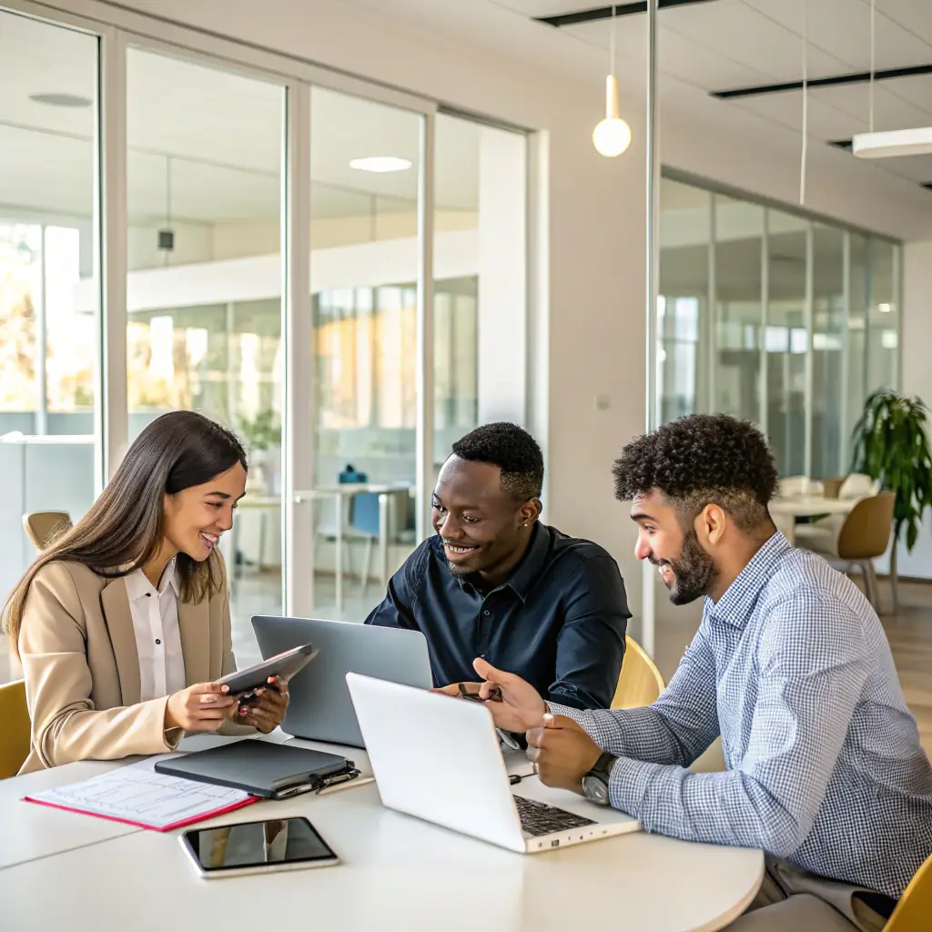 A professional team collaborating with AI technology, showcasing a modern digital workspace with screens displaying website designs and AI tools, emphasizing innovation and expertise.